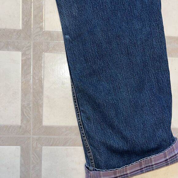 WOMEN’S EDDIE BAUER NATURAL FIT PURPLE PLAID FLANNEL LINED JEANS SIZE 14 - Picture 9 of 9